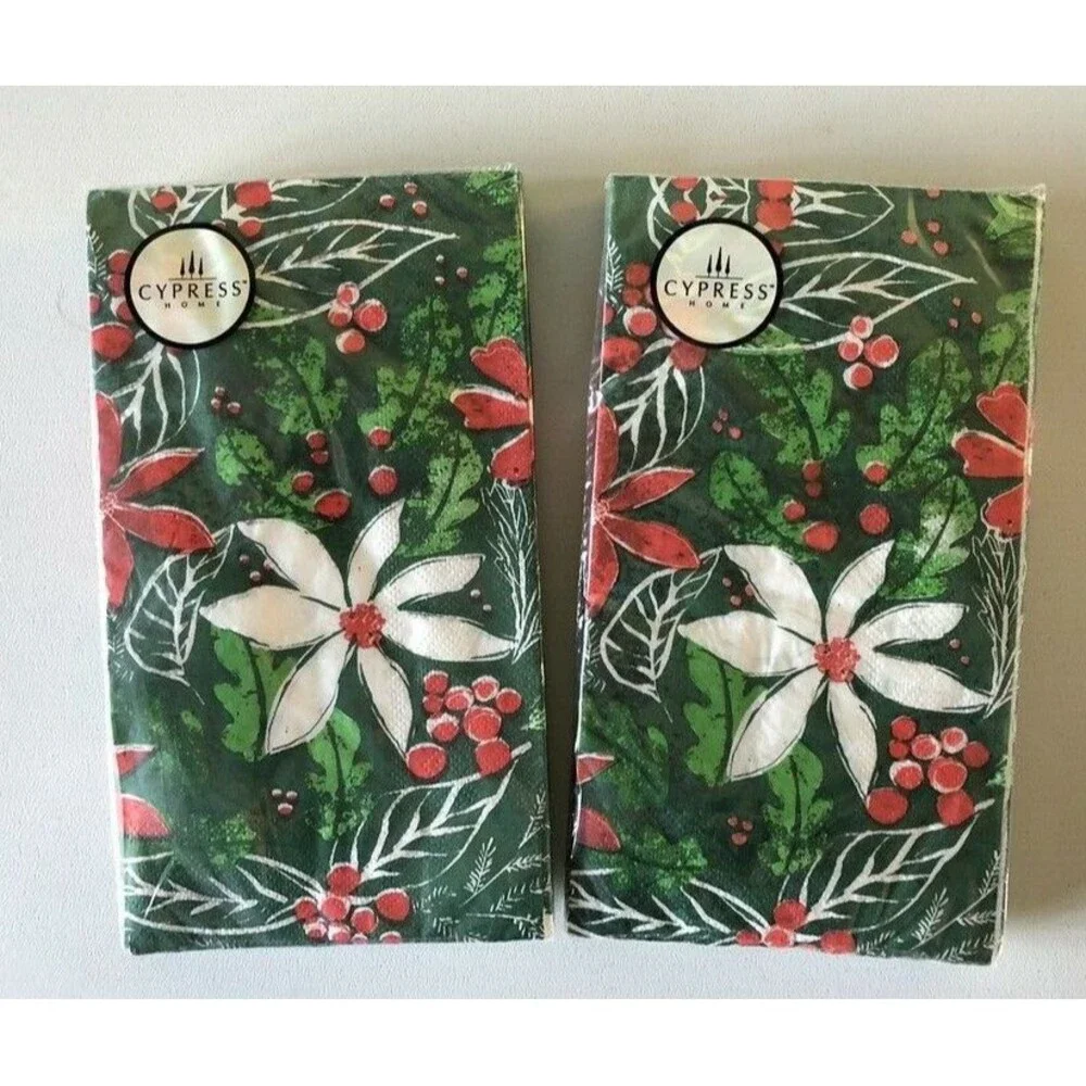 Christmas Cypress Paper Towels Napkins Set of 2 Poinsettia Holly 15 Ct Decoupage